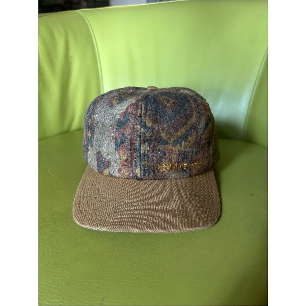 Vintage Carhartt Aztec Wool Snapback Hat Brown Duck Canvas Brim USA Made